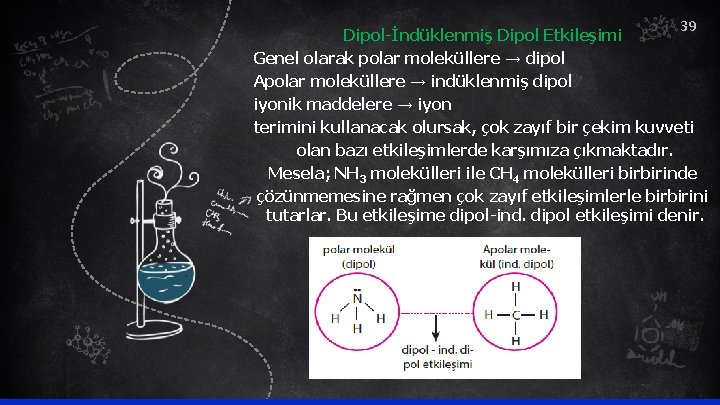 39 Dipol-İndüklenmiş Dipol Etkileşimi Genel olarak polar moleküllere → dipol Apolar moleküllere → indüklenmiş