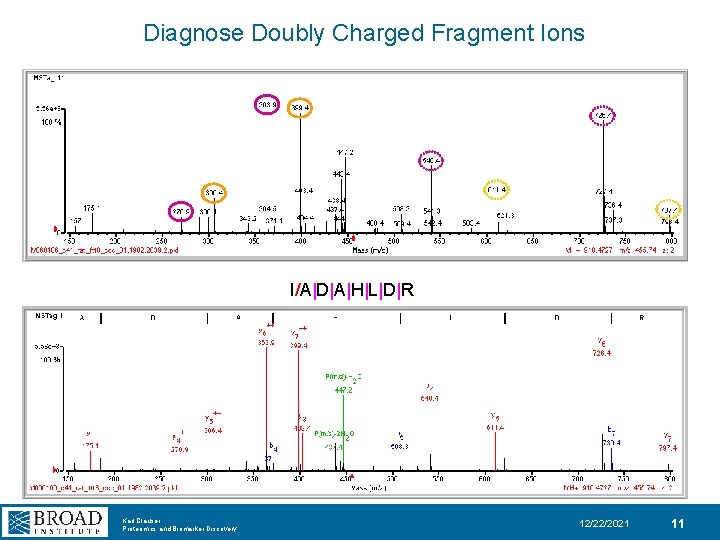 Diagnose Doubly Charged Fragment Ions I/A|D|A|H|L|D|R Karl Clauser Proteomics and Biomarker Discovery 12/22/2021 11