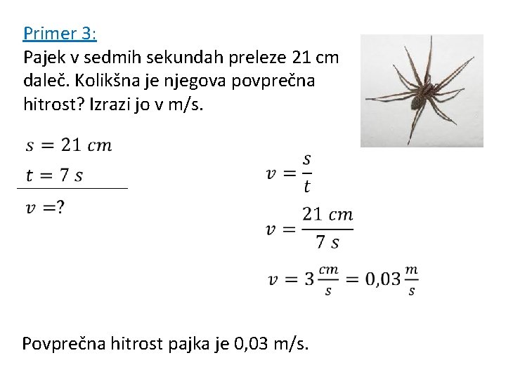 Primer 3: Pajek v sedmih sekundah preleze 21 cm daleč. Kolikšna je njegova povprečna