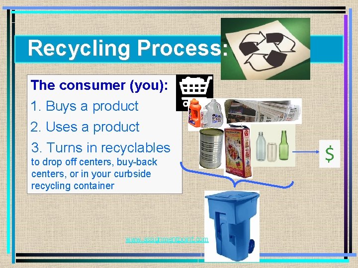 Recycling Process: The consumer (you): 1. Buys a product 2. Uses a product 3.