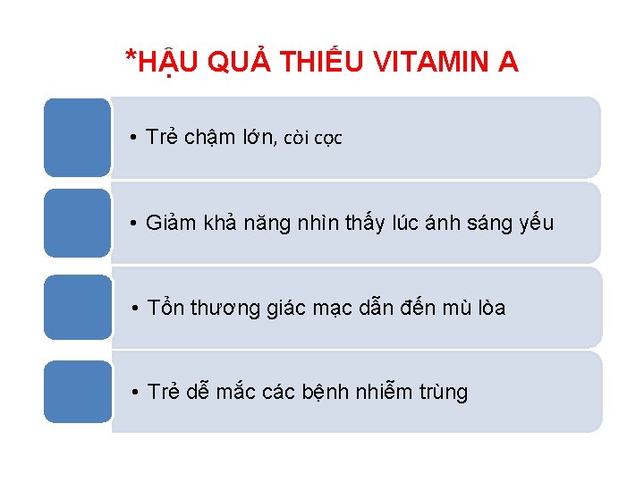 *HẬU QUẢ THIẾU VITAMIN A • Trẻ chậm lớn, còi cọc • Giảm khả