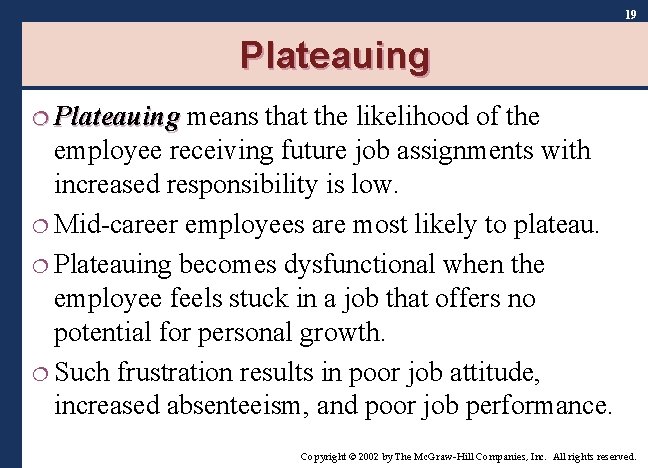 19 Plateauing ¦ Plateauing means that the likelihood of the employee receiving future job