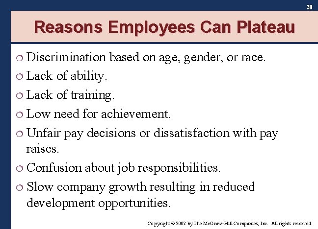20 Reasons Employees Can Plateau Discrimination based on age, gender, or race. ¦ Lack