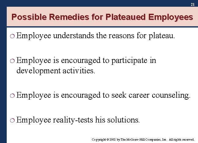 21 Possible Remedies for Plateaued Employees ¦ Employee understands the reasons for plateau. ¦