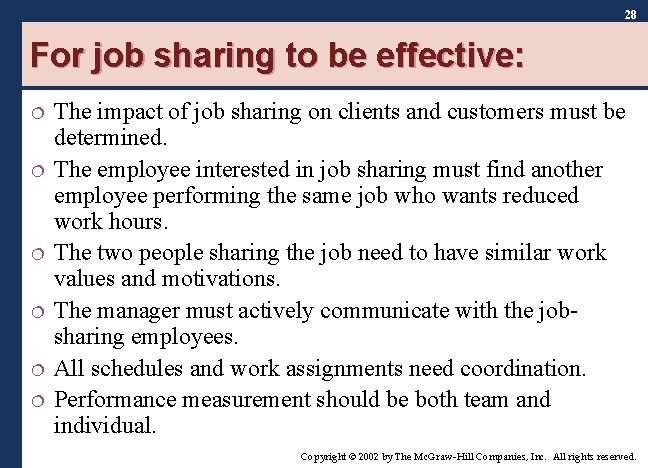28 For job sharing to be effective: ¦ ¦ ¦ The impact of job