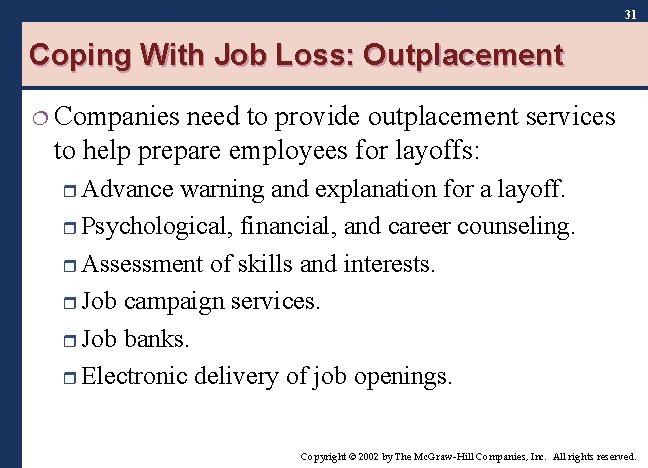 31 Coping With Job Loss: Outplacement ¦ Companies need to provide outplacement services to