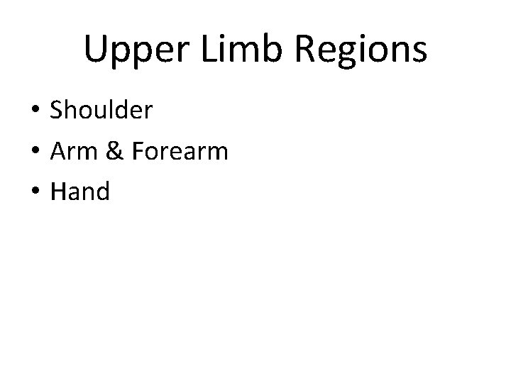 Upper Limb Regions • Shoulder • Arm & Forearm • Hand 