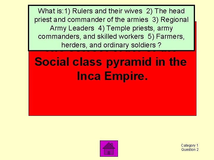 What is: 1) Rulers and their wives 2) The head priest and commander of