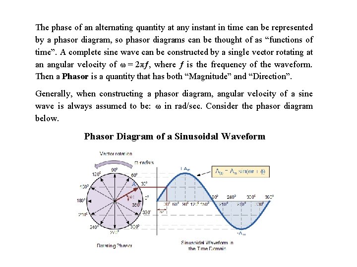 The phase of an alternating quantity at any instant in time can be represented