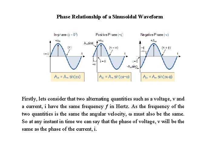 Phase Relationship of a Sinusoidal Waveform Firstly, lets consider that two alternating quantities such
