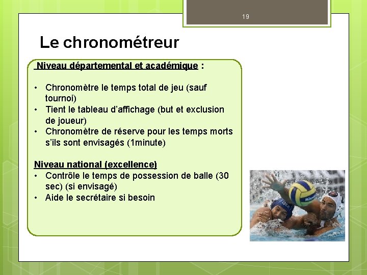 19 Le chronométreur Niveau départemental et académique : • Chronomètre le temps total de