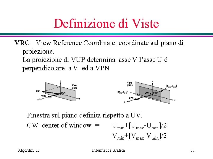 Definizione di Viste VRC View Reference Coordinate: coordinate sul piano di proiezione. La proiezione