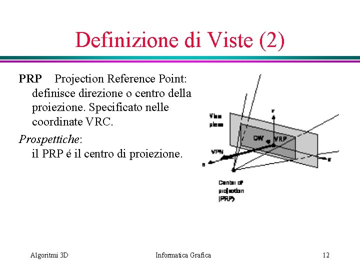 Definizione di Viste (2) PRP Projection Reference Point: definisce direzione o centro della proiezione.