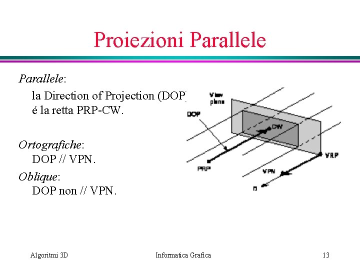 Proiezioni Parallele: la Direction of Projection (DOP) é la retta PRP-CW. Ortografiche: DOP //