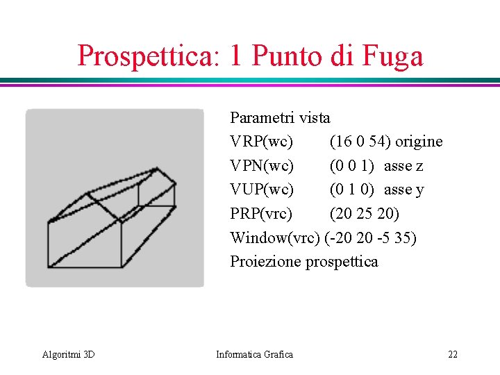 Prospettica: 1 Punto di Fuga Parametri vista VRP(wc) (16 0 54) origine VPN(wc) (0