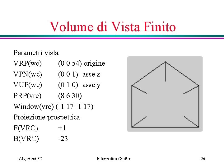 Volume di Vista Finito Parametri vista VRP(wc) (0 0 54) origine VPN(wc) (0 0