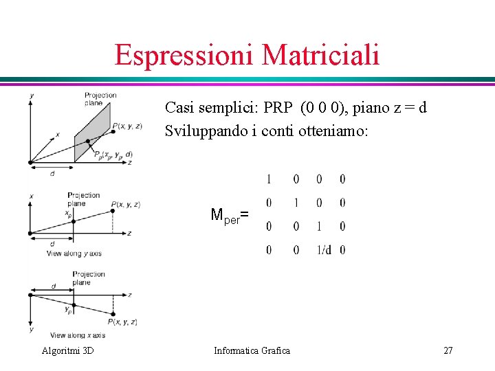 Espressioni Matriciali Casi semplici: PRP (0 0 0), piano z = d Sviluppando i