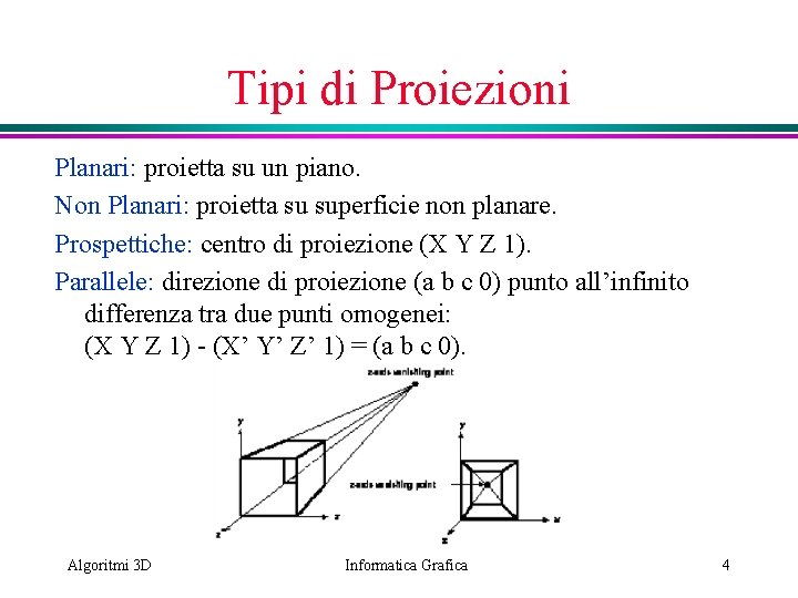 Tipi di Proiezioni Planari: proietta su un piano. Non Planari: proietta su superficie non