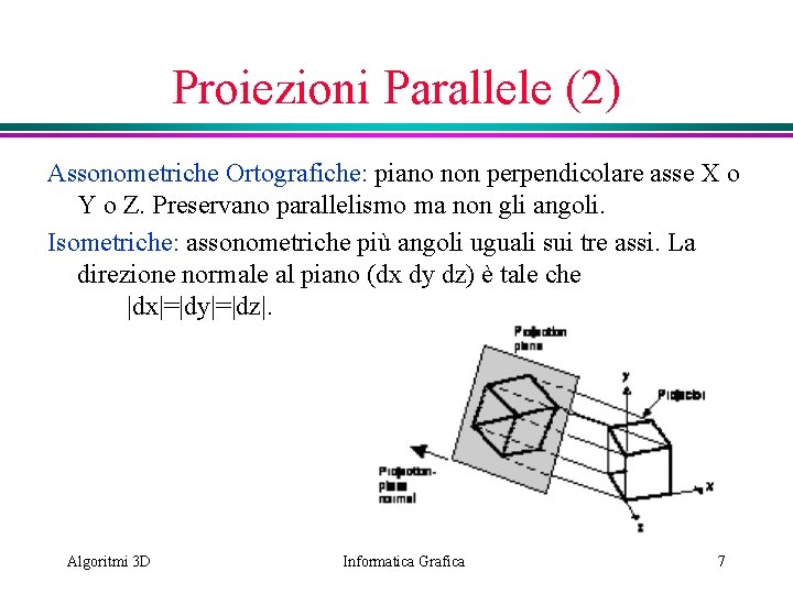 Proiezioni Parallele (2) Assonometriche Ortografiche: piano non perpendicolare asse X o Y o Z.