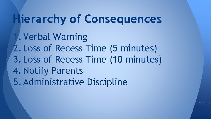 Hierarchy of Consequences 1. Verbal Warning 2. Loss of Recess Time (5 minutes) 3.