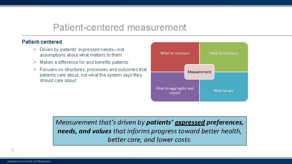 Patient-centered measurement Patient-centered Ø Driven by patients’ expressed needs—not assumptions about what matters to