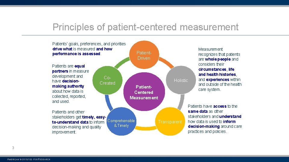 Principles of patient-centered measurement Patients’ goals, preferences, and priorities drive what is measured and