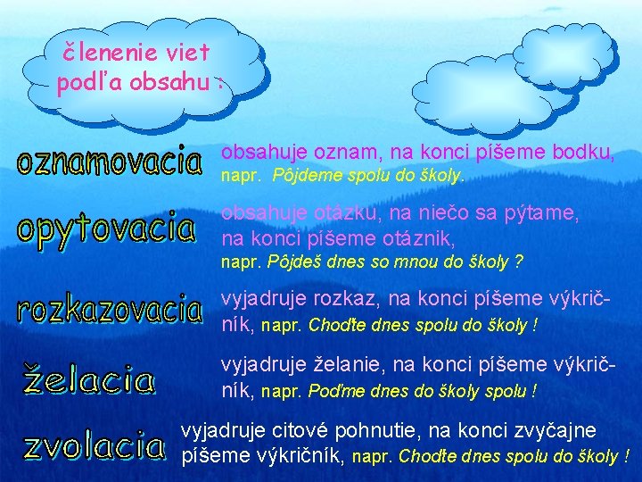 členenie viet podľa obsahu : obsahuje oznam, na konci píšeme bodku, napr. Pôjdeme spolu