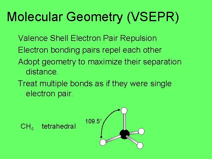 Molecular Geometry (VSEPR) Valence Shell Electron Pair Repulsion Electron bonding pairs repel each other