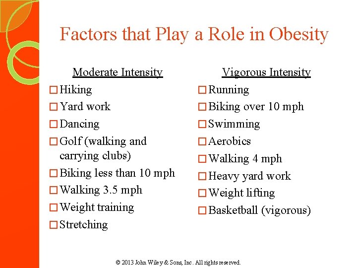 Factors that Play a Role in Obesity Moderate Intensity � Hiking � Yard work