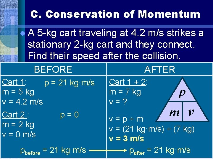 C. Conservation of Momentum l. A 5 -kg cart traveling at 4. 2 m/s