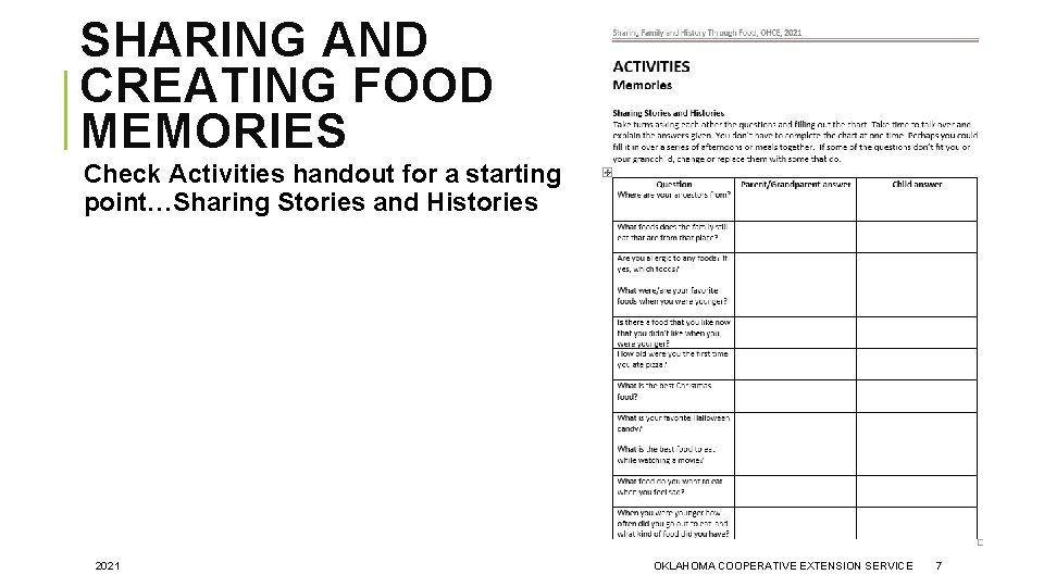 SHARING AND CREATING FOOD MEMORIES Check Activities handout for a starting point…Sharing Stories and