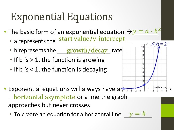 Exponential Equations • The basic form of an exponential equation _______ start value/y-intercept •