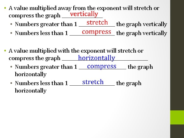  • A value multiplied away from the exponent will stretch or compress the