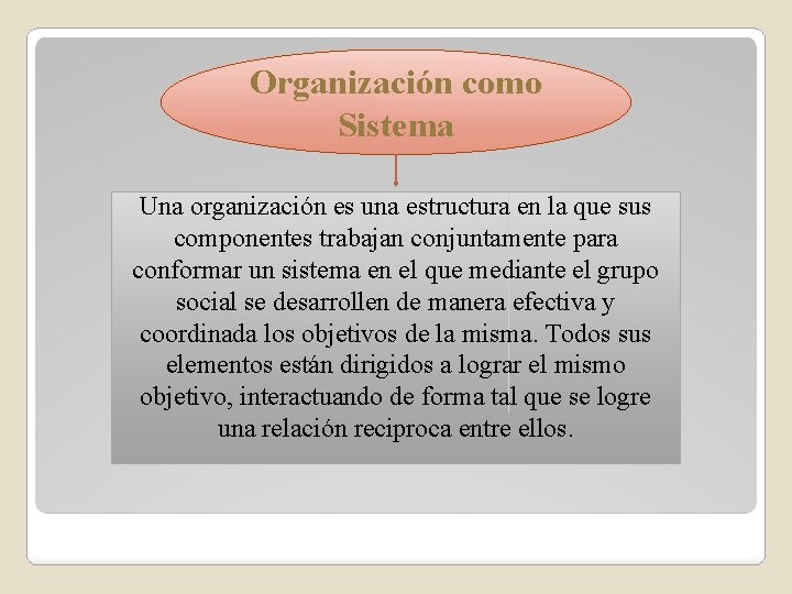 Organización como Sistema Una organización es una estructura en la que sus componentes trabajan