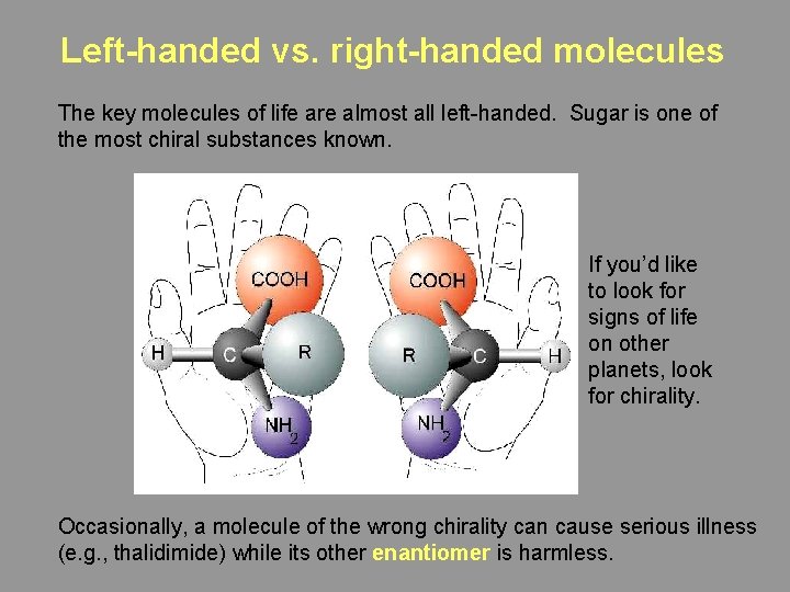 Left-handed vs. right-handed molecules The key molecules of life are almost all left-handed. Sugar