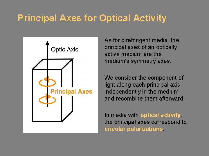 Principal Axes for Optical Activity As for birefringent media, the principal axes of an