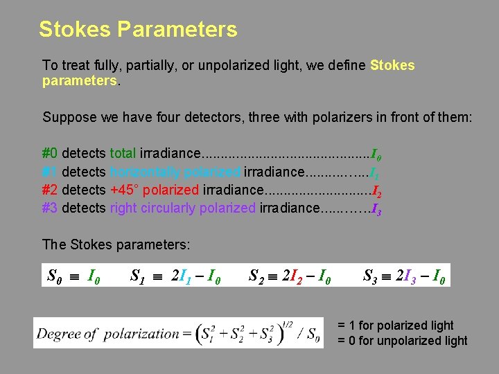 Stokes Parameters To treat fully, partially, or unpolarized light, we define Stokes parameters. Suppose