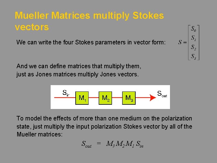 Mueller Matrices multiply Stokes vectors We can write the four Stokes parameters in vector