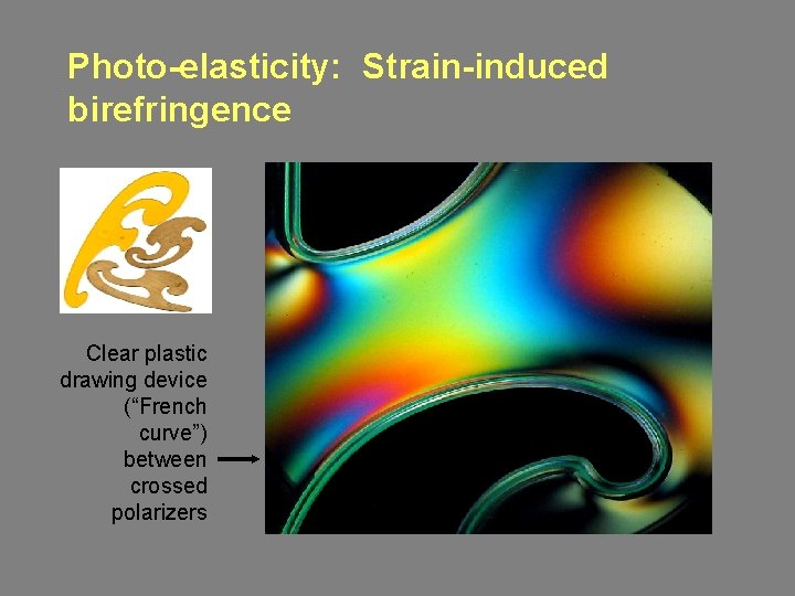 Photo-elasticity: Strain-induced birefringence Clear plastic drawing device (“French curve”) between crossed polarizers 