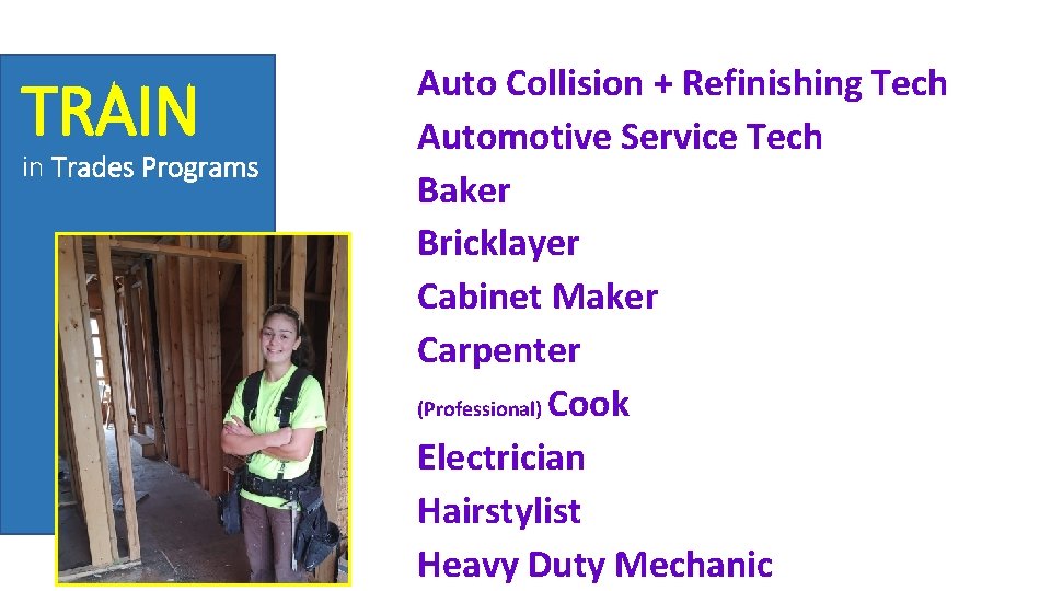 TRAIN in Trades Programs Auto Collision + Refinishing Tech Automotive Service Tech Baker Bricklayer