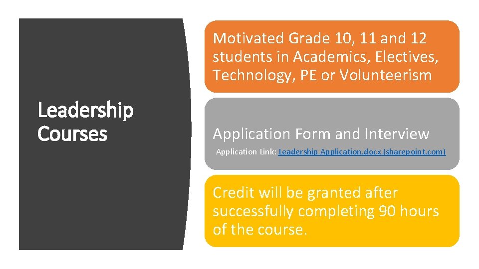 Motivated Grade 10, 11 and 12 students in Academics, Electives, Technology, PE or Volunteerism