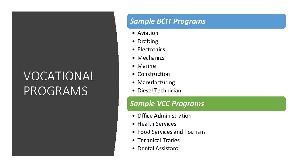 Sample BCIT Programs VOCATIONAL PROGRAMS • • Aviation Drafting Electronics Mechanics Marine Construction Manufacturing