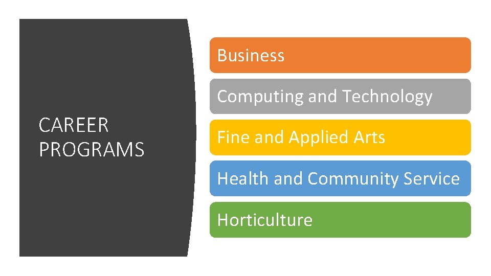 Business Computing and Technology CAREER PROGRAMS Fine and Applied Arts Health and Community Service