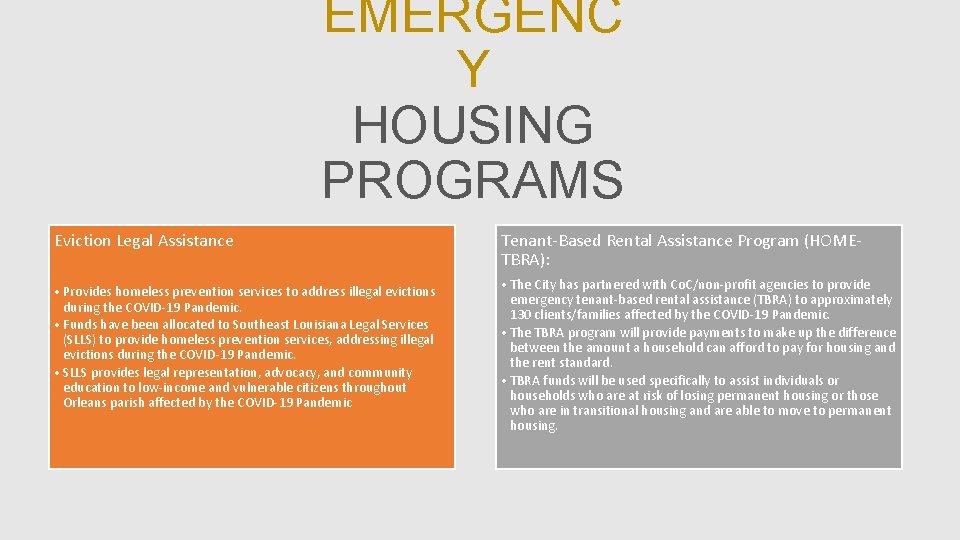 EMERGENC Y HOUSING PROGRAMS Eviction Legal Assistance • Provides homeless prevention services to address