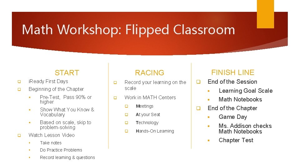 Math Workshop: Flipped Classroom START q i. Ready First Days q Beginning of the