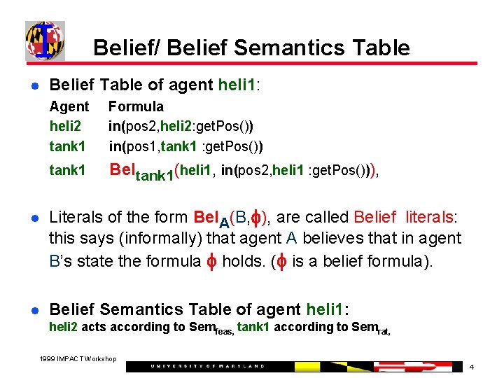 Belief/ Belief Semantics Table Belief Table of agent heli 1: Agent heli 2 tank