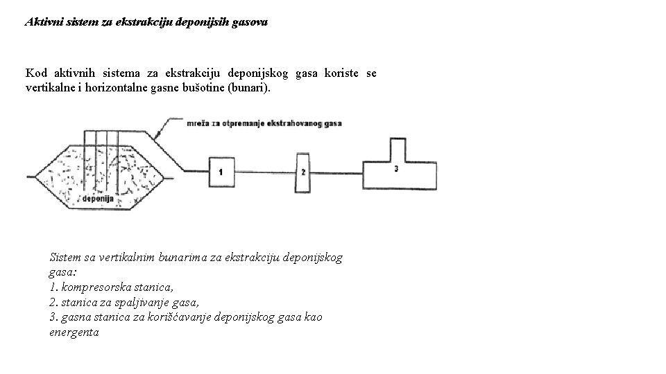 Aktivni sistem za ekstrakciju deponijsih gasova Kod aktivnih sistema za ekstrakciju deponijskog gasa koriste