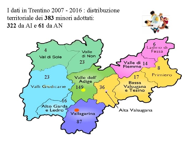 I dati in Trentino 2007 - 2016 : distribuzione territoriale dei 383 minori adottati: