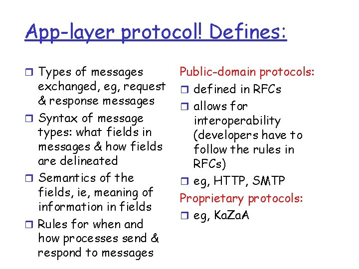 App-layer protocol! Defines: r Types of messages exchanged, eg, request & response messages r