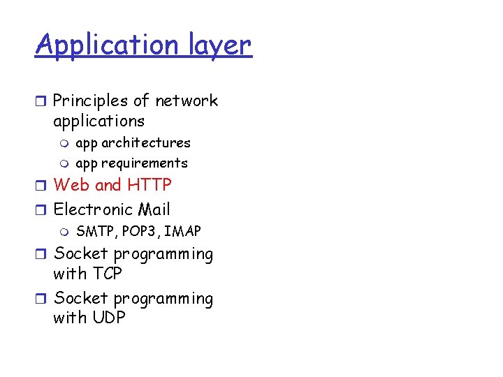 Application layer r Principles of network applications m m app architectures app requirements r